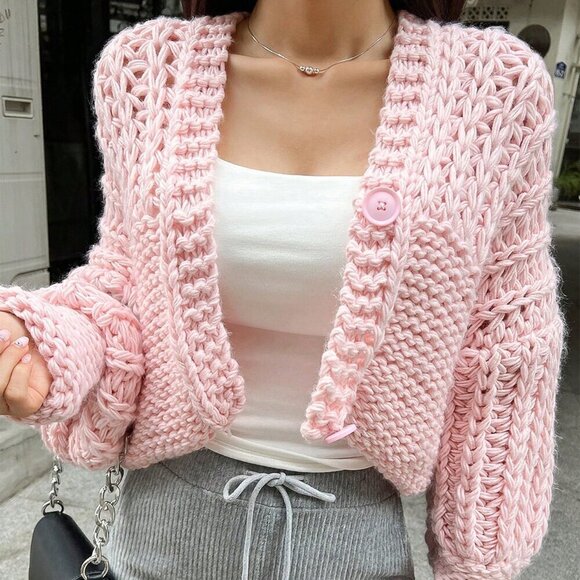 Sweaters - Pink Casual Women's Solid Color Cable Knit Oversized Open Front Cardigan Sweater